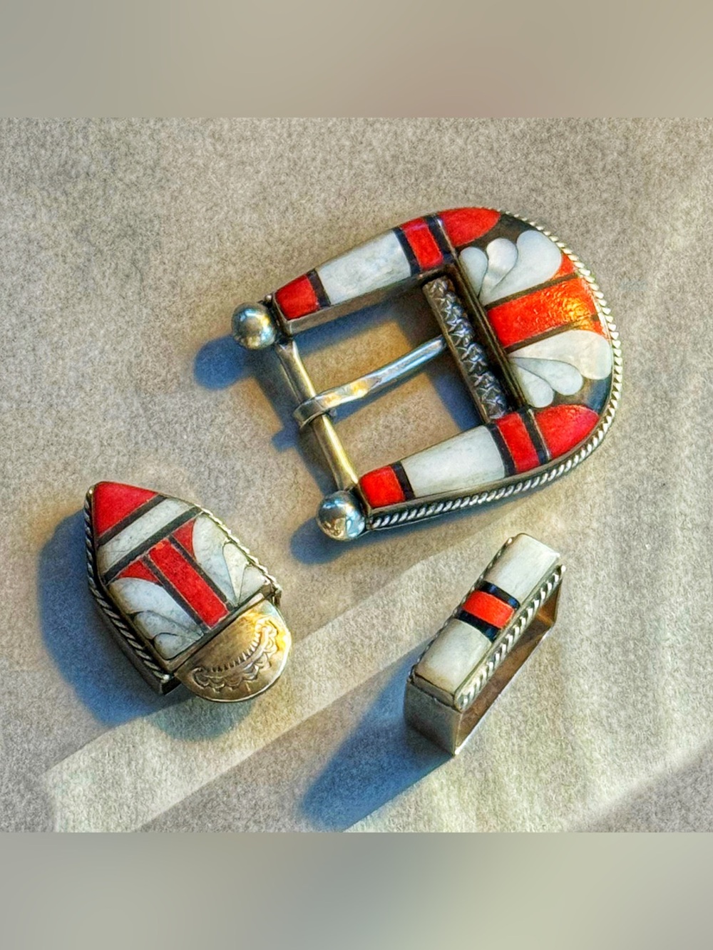 Ranger Inlay Belt Buckle Set, Sterling, MOP, Coral, Onyx, C and E. Cooche, Zuni